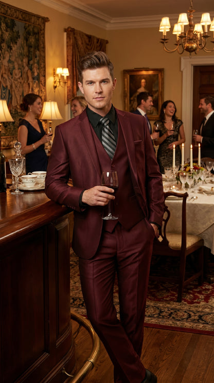 Men’s Burgundy Wine Maroon Sharkskin Vested Suit with Jacket, Vest and Pants