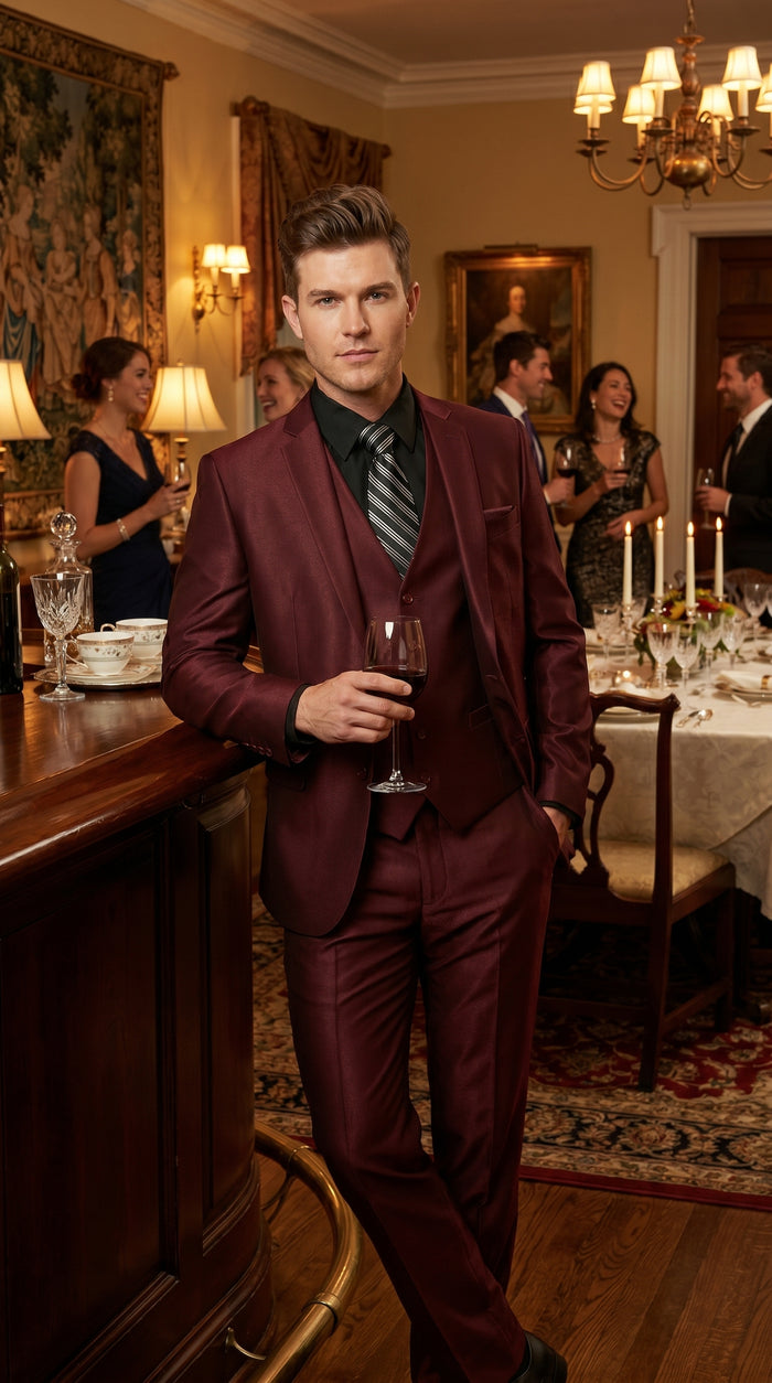 Men’s Burgundy Wine Maroon Sharkskin Vested Suit with Jacket, Vest and Pants