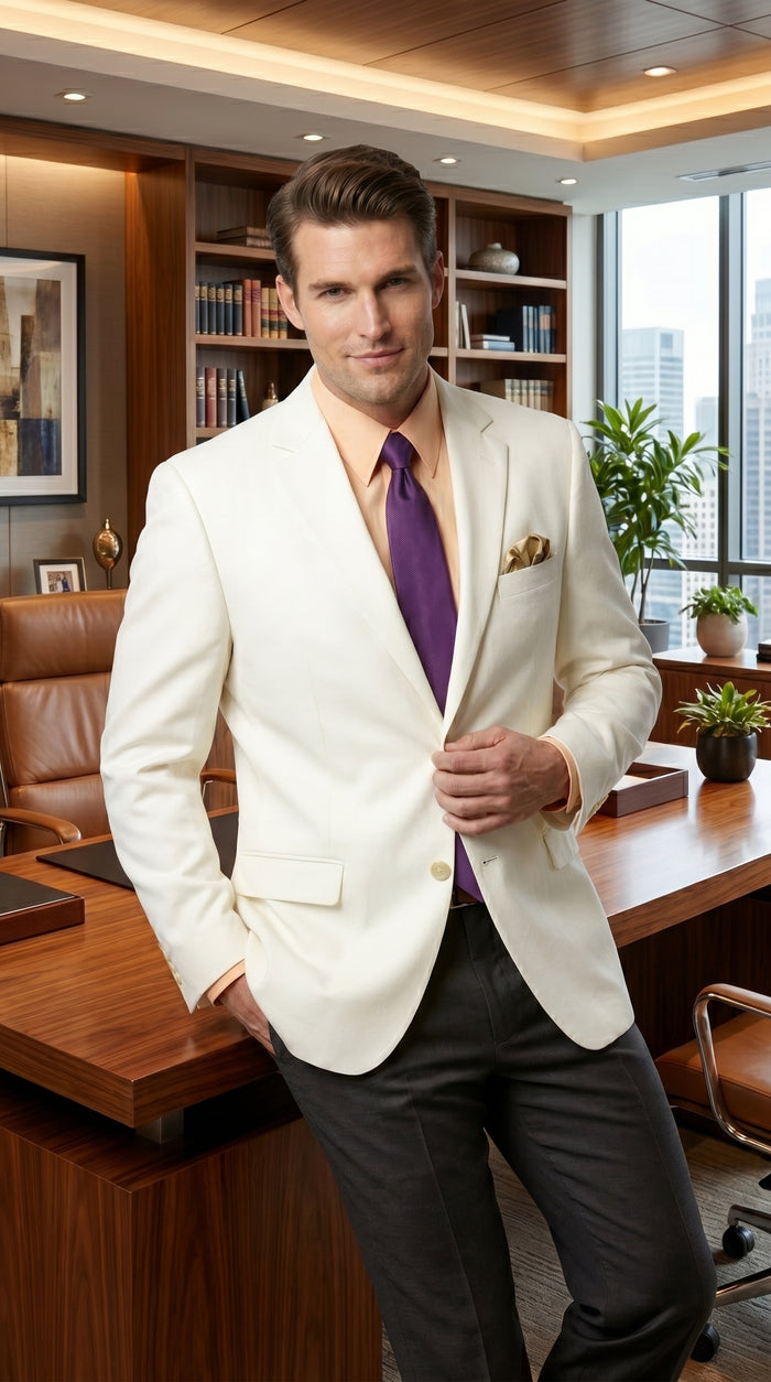 Men’s Ivory Cream Blazer with 2 Button Front, Off White Dress Casual Sport Coat