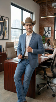 Men’s Light Blue Plaid Western Sport Coat, Business Casual Cowboy Blazer Jacket