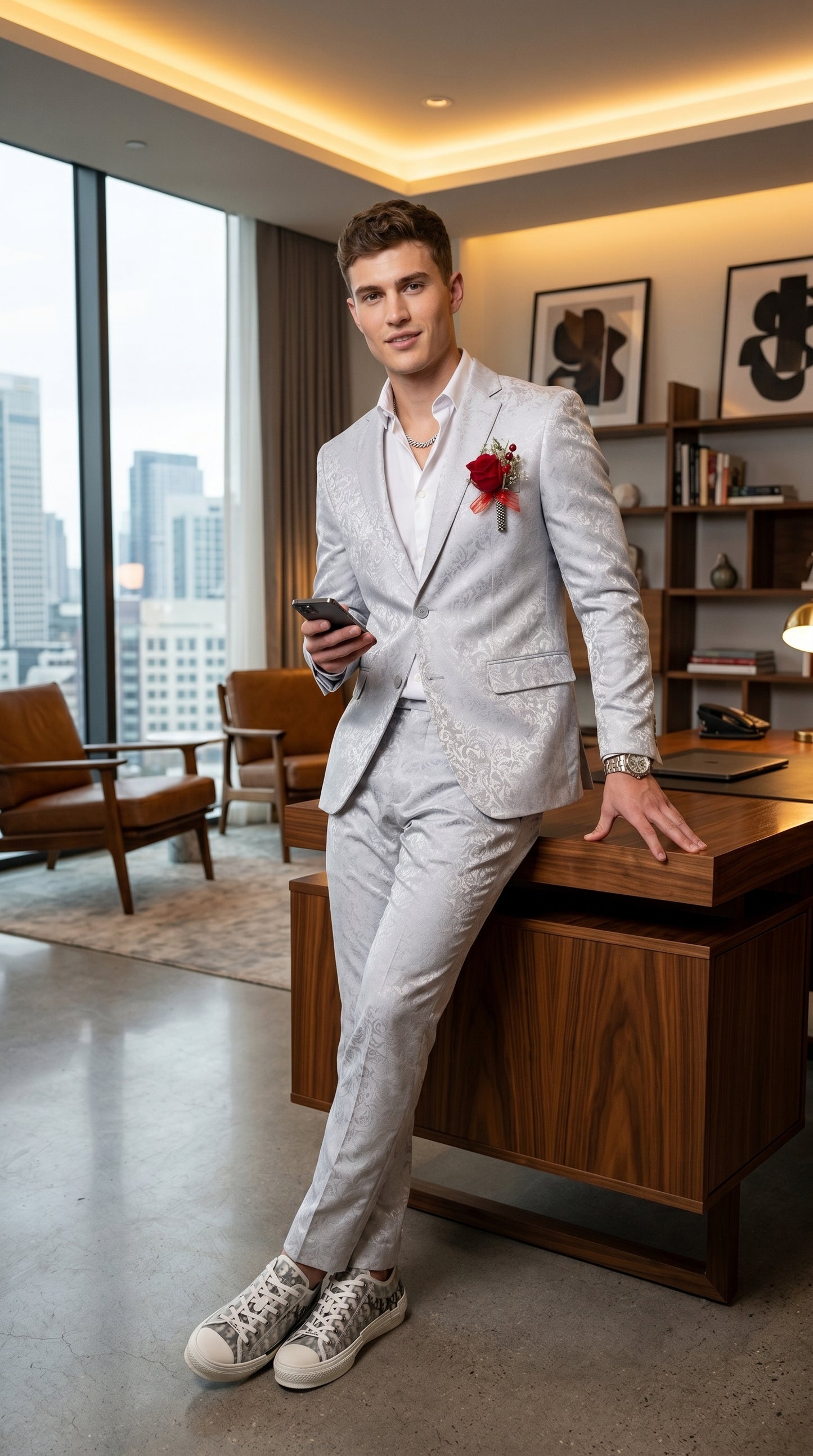 Men’s Silver Grey Shiny Paisley Graduation Suit, Formal Prom Wedding Dress Suit Modern Fit