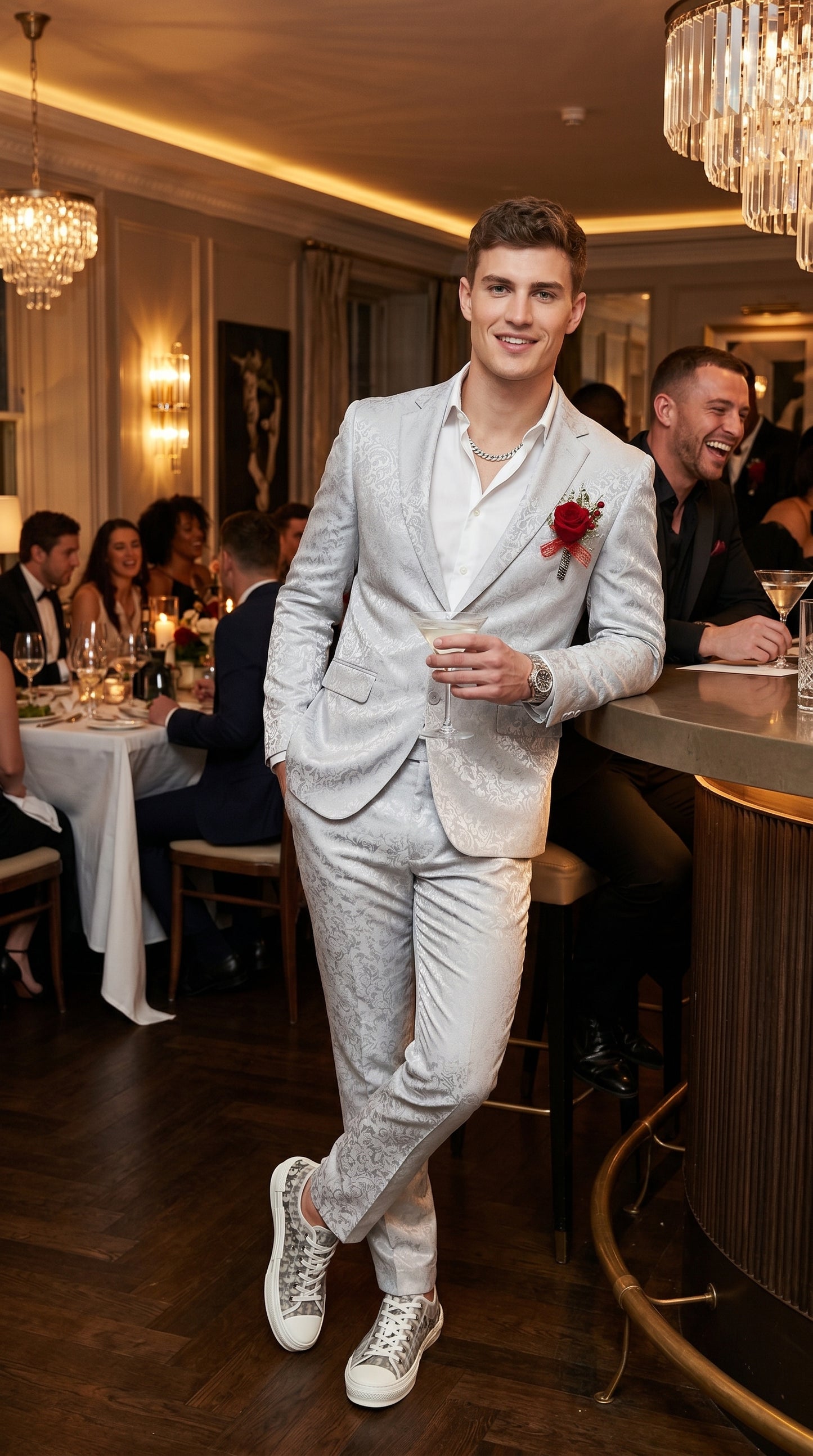Men’s Silver Grey Shiny Paisley Graduation Suit, Formal Prom Wedding Dress Suit Modern Fit