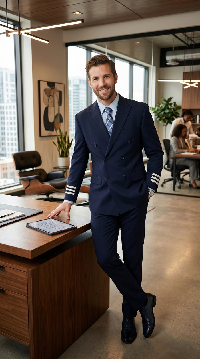 Men’s Dark Navy Blue Double Breasted 6 Button Suit, Classic Formal Wedding Business Suit
