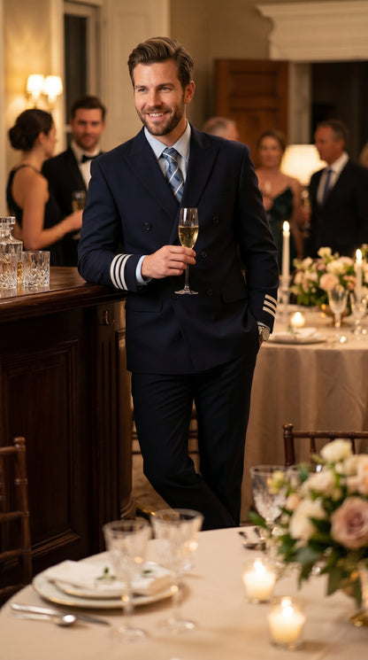 Men’s Dark Navy Blue Double Breasted 6 Button Suit, Classic Formal Wedding Business Suit