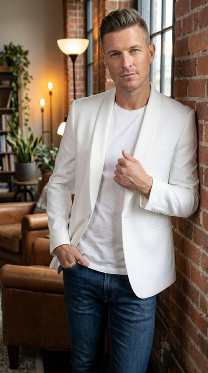 Men’s Snow White 1 Button Dinner Jacket with Shawl Collar, Formal Tuxedo Blazer with Free Bow Tie