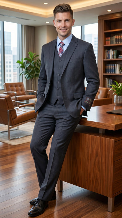 Men’s Charcoal Grey 2 Button Vested Business Suit, Formal Wedding Dress Suit