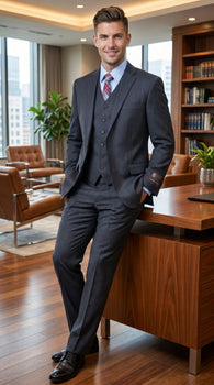 Men’s Charcoal Grey 2 Button Vested Business Suit, Formal Wedding Dress Suit