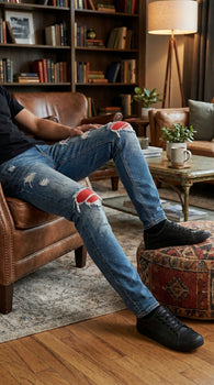 Men’s PX Indigo Denim Jeans with Quilted Red Patches, Distressed Slim Fit Fashion Jeans
