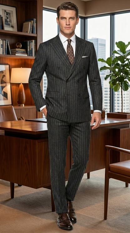 Men’s Grey Pinstripe Slim Fit Wool Suit with 2 Button Jacket and Peak Lapel
