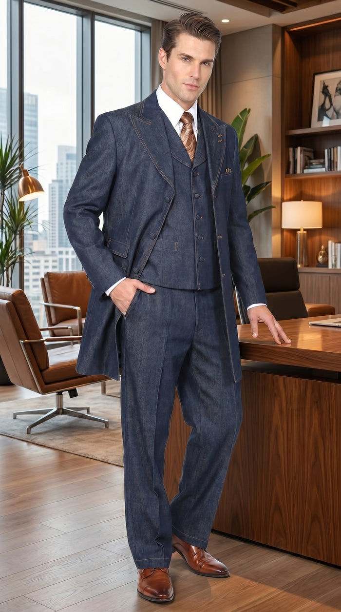 Men’s Blue Denim Zoot Suit with Long Jacket and Vest, Vintage Jeans Style Formal Outfit