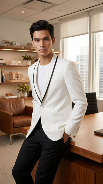 Men’s Waverly White Tuxedo Jacket by Ike Evening, Formal Dinner Jacket with Black Trim