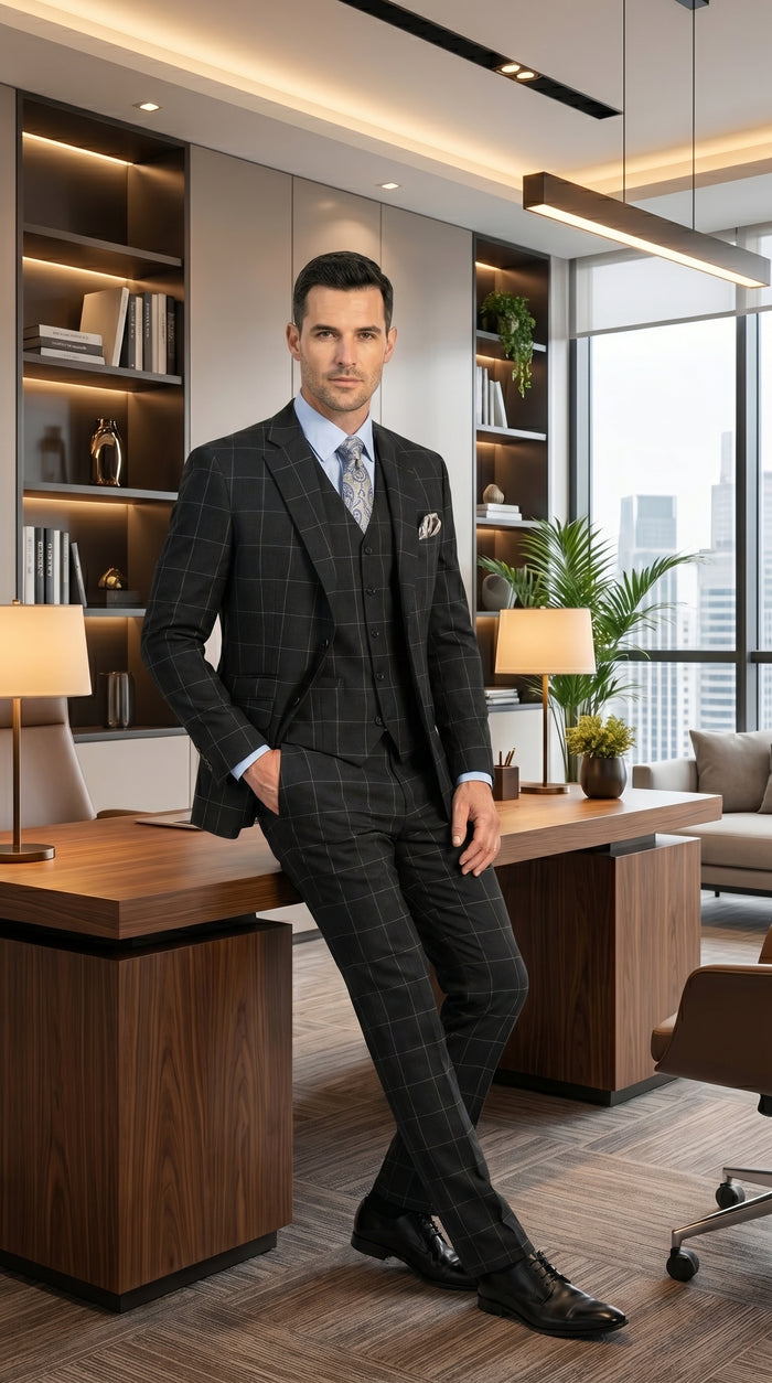 Men’s Black Windowpane Plaid 3 Piece Suit, 1920s Inspired Formal Dress Suit