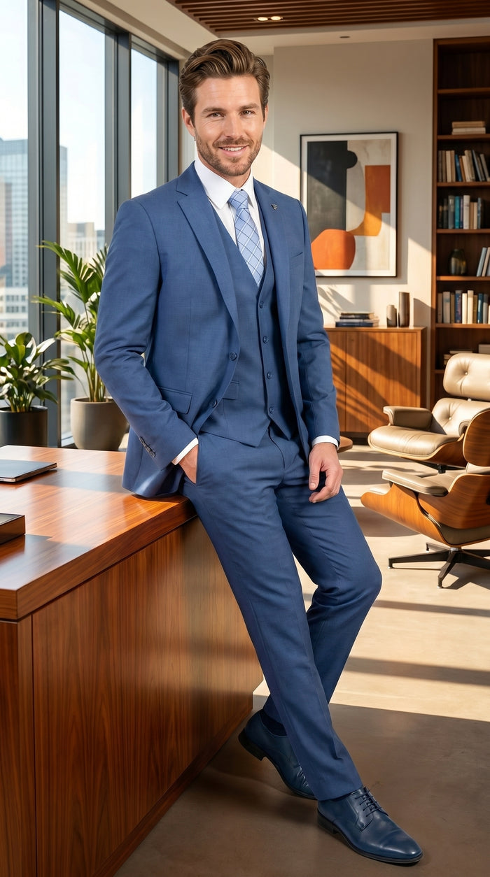 Men’s Stacy Adams Indigo Blue 3 Piece Suit with Vest, Modern Fit Formal Dress Suit