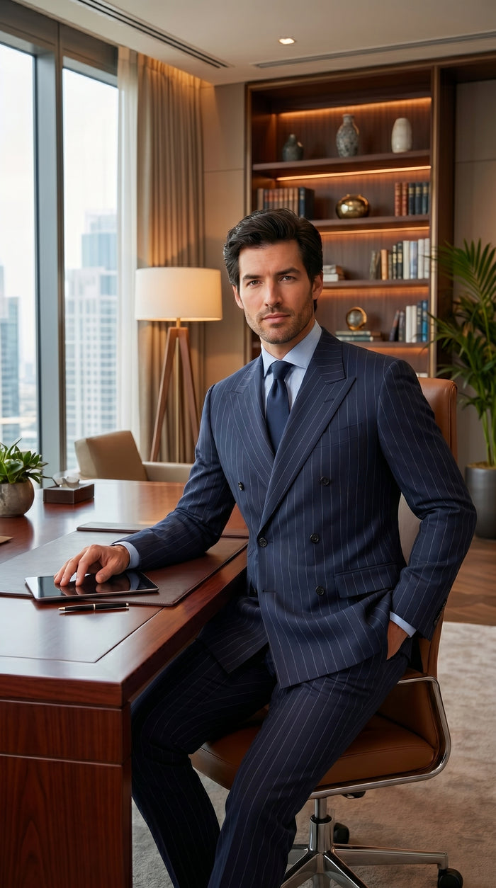 Men’s Kingsman Harrys Blue Pinstripe Double Breasted Suit, Formal Business Dress Suit