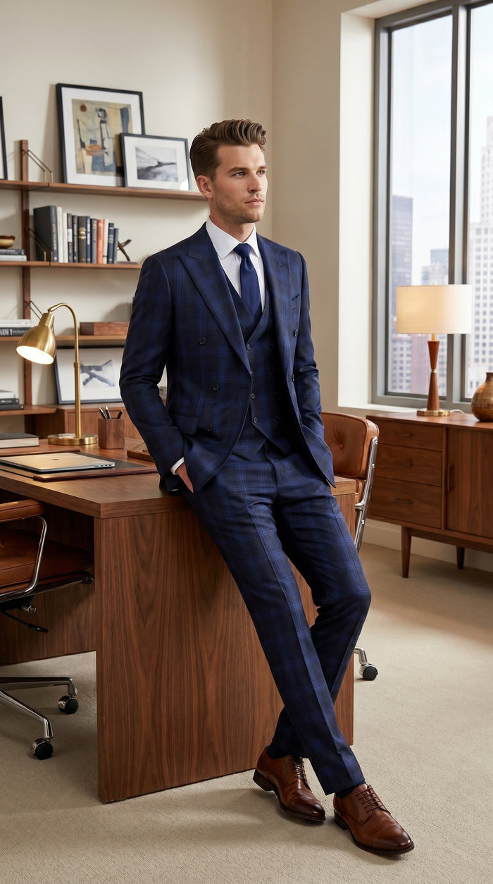 Men’s Indigo Sapphire Blue Plaid 3 Piece Suit with Double Breasted Vest, Slim Fit Windowpane Suit