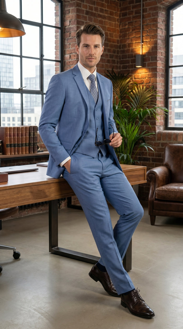Men’s Ice Blue 3 Piece Suit with Vest, Formal Wedding Prom Dress Suit Modern Fit