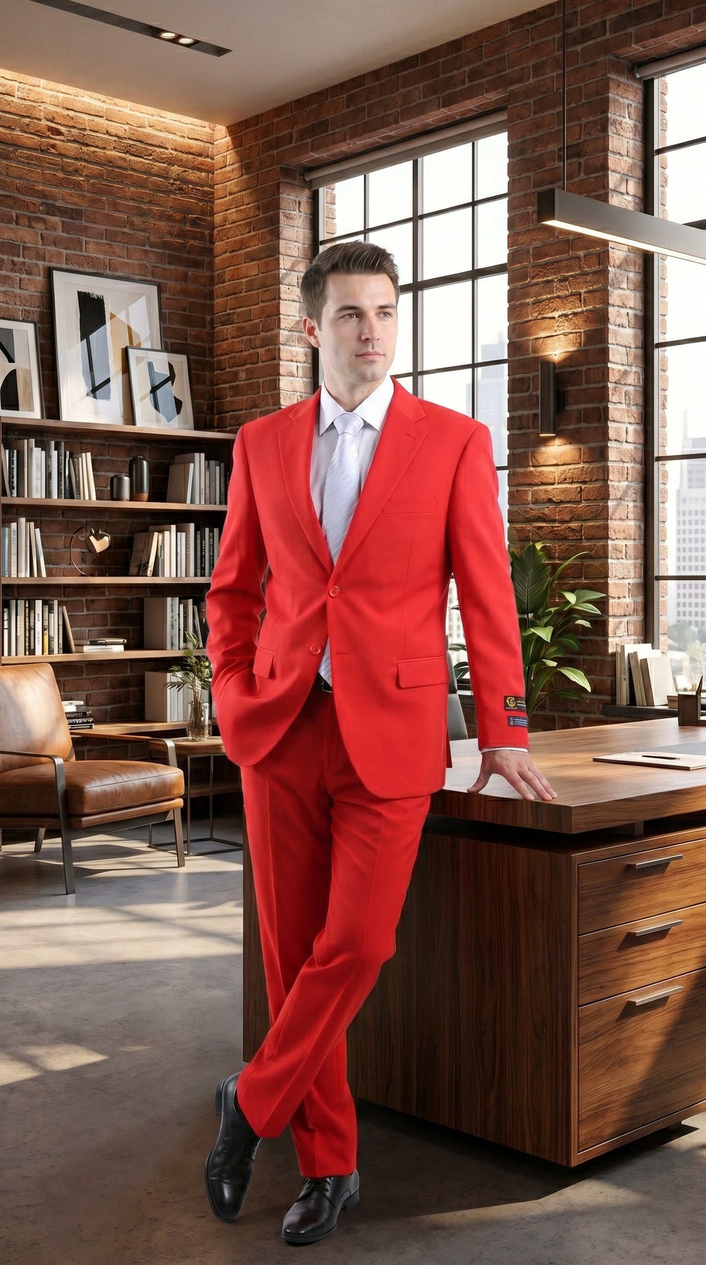 Men’s Red Bolzano 2 Button Suit with Pleated Pants, 100% Polyester Formal Dress Suit