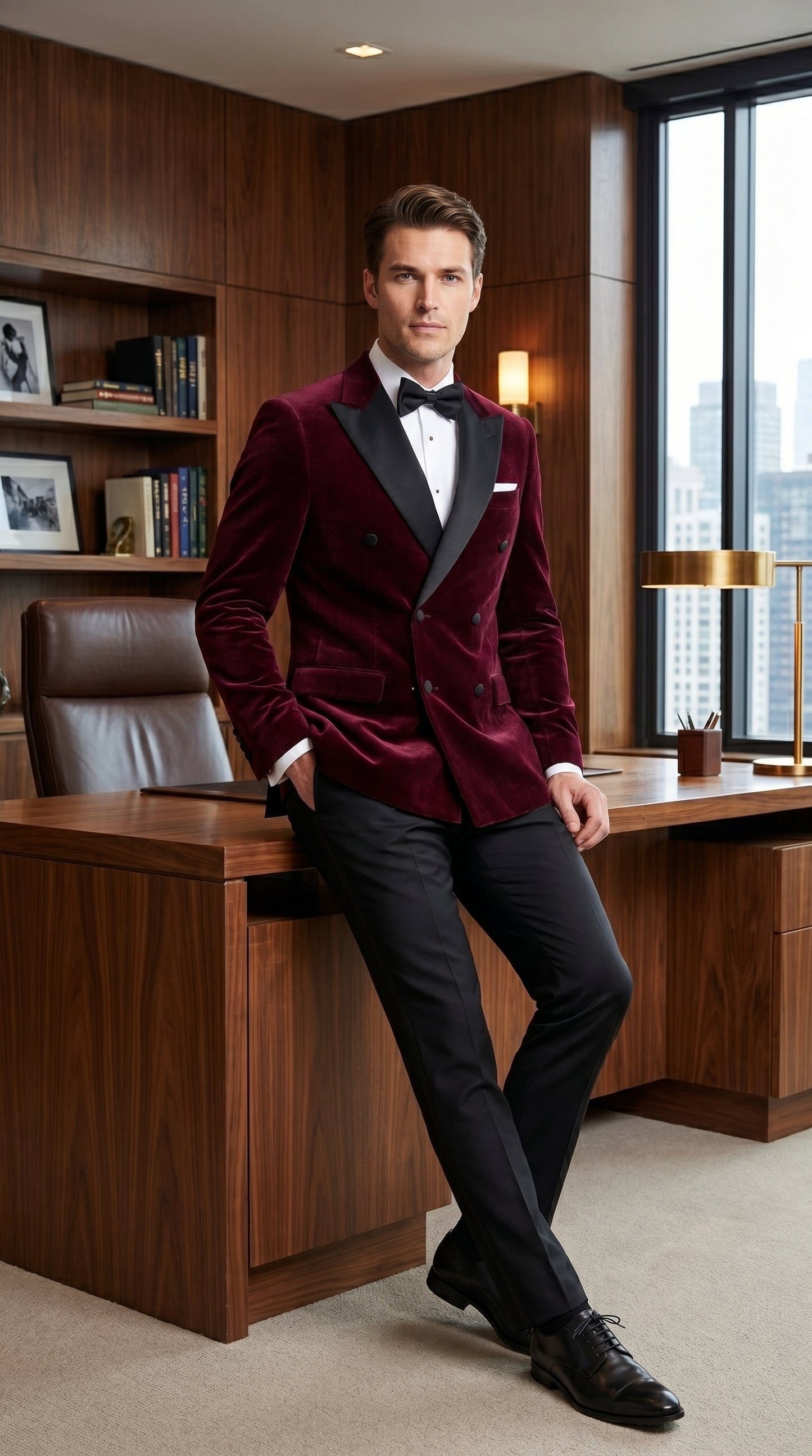 Men’s Burgundy Velvet Tuxedo, Slim Fit Double Breasted Formal Tuxedo Suit for Wedding, Prom and Groom Wear