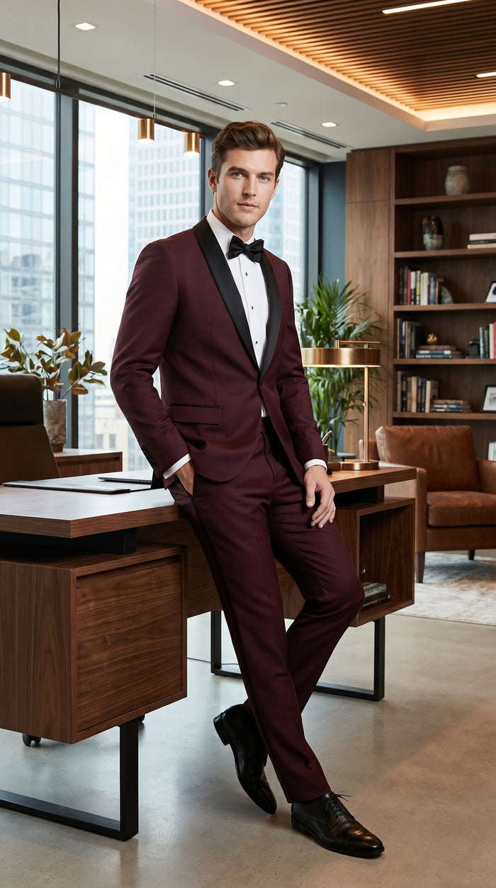 Men’s Maroon Slim Fit Tuxedo with Black Satin Lapel, Burgundy Wine Formal Prom Suit