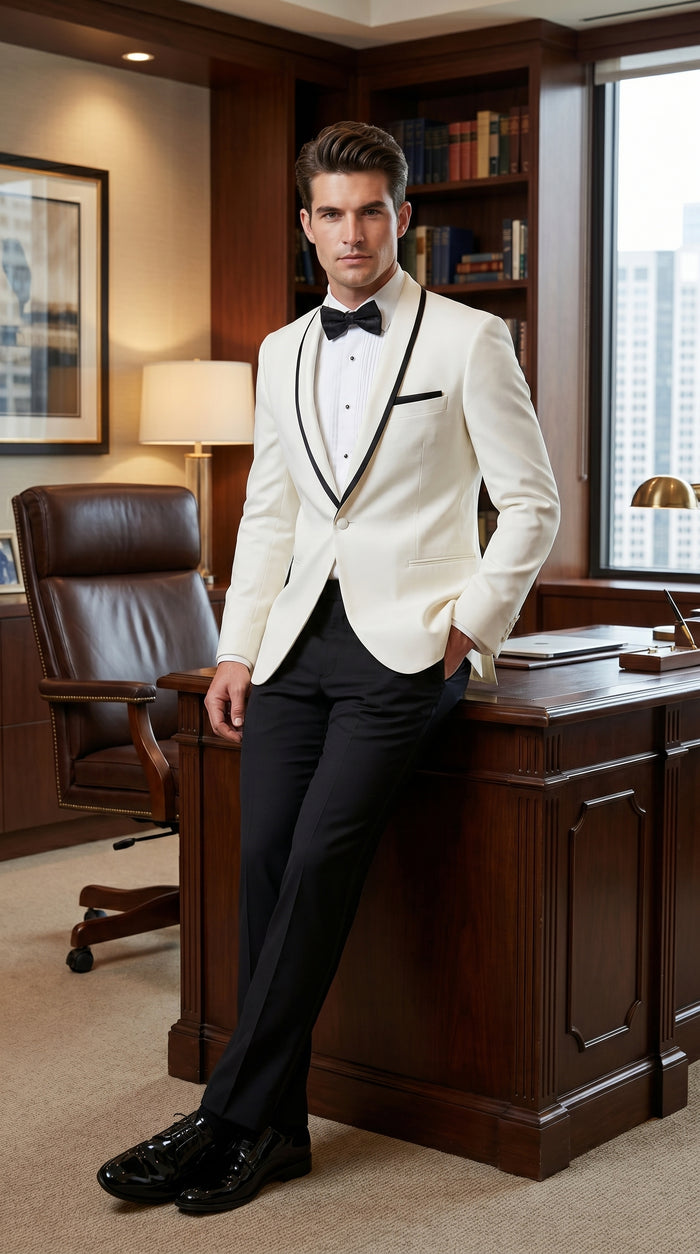Men’s One Button Ivory Tuxedo Suit with Black Trim, Formal Wedding Prom Dinner Jacket