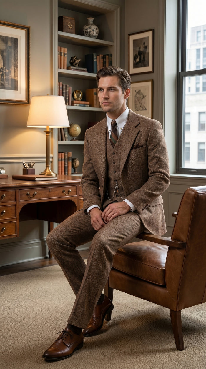 Men’s Light Brown Great Gatsby Tweed Herringbone Vested Suit, Tobey Maguire Inspired 1920s Formal Outfit Modern Fit