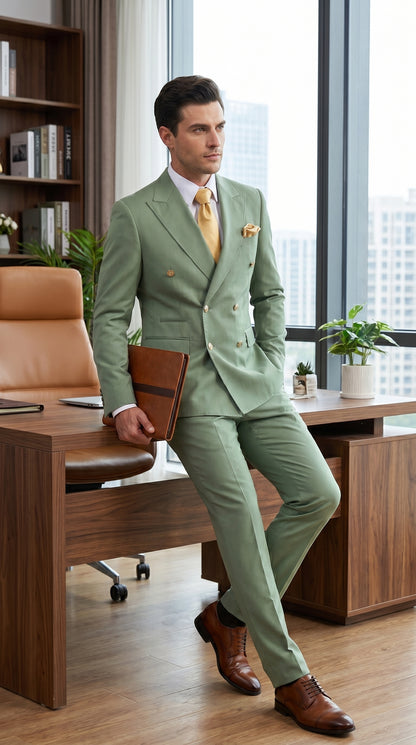 Rossiman Men’s Sage Green Double Breasted Suit with Gold Buttons, Slim Fit Lightweight Summer Suit