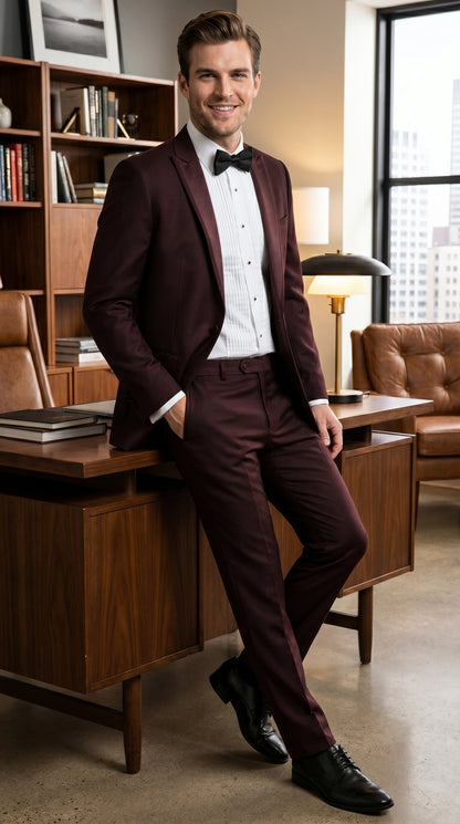 Men’s Brown Slim Fit 2 Piece Tuxedo with Satin Peak Lapel, Formal Wedding Prom Suit