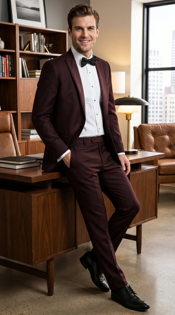 Men’s Brown Slim Fit 2 Piece Tuxedo with Satin Peak Lapel, Formal Wedding Prom Suit