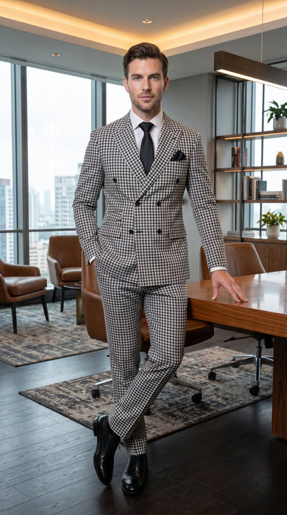 Men’s Black & White Houndstooth Double Breasted Wool Suit – 2 Piece Peak Lapel Suit Modern Fit