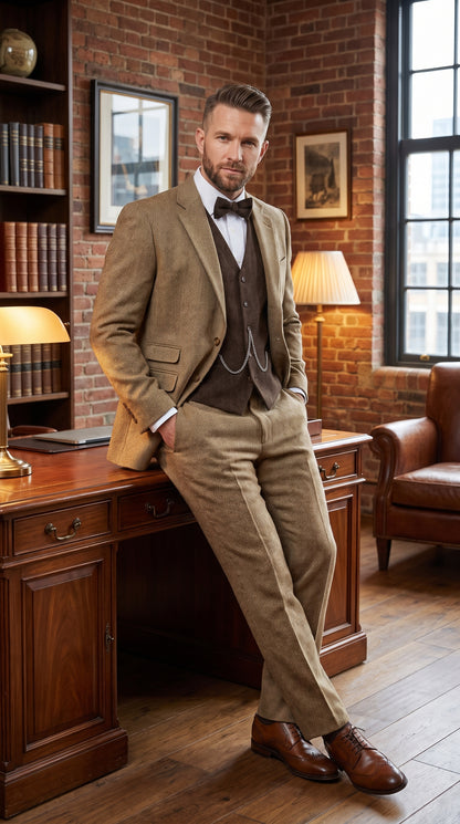 Men’s Great Gatsby Tobey Maguire Inspired Tan Suit with Brown Vest, 1920s Costume Outfit