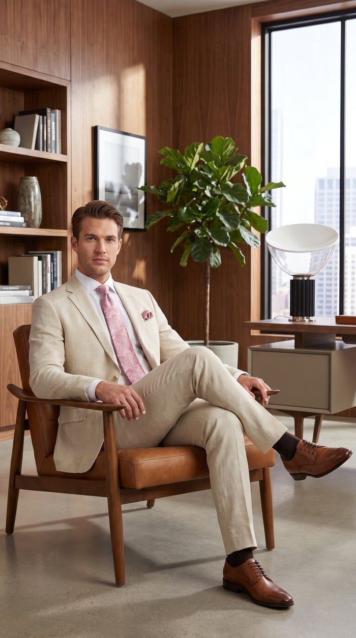 Men’s Natural Linen 2 Piece Suit with Side Vents, Two Button Regular Fit Summer Dress Suit