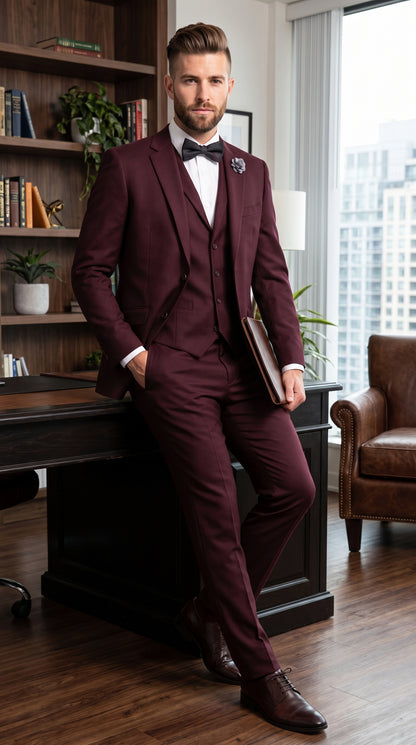 Men’s Burgundy Regular Fit Suit with Vest, Formal Wedding Prom Dress Suit Modern Fit