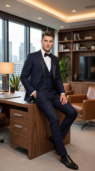 Alberto Nardoni Men’s Black Super 150s Wool Tuxedo with Peak Lapel, Double Breasted Vest and Flat Front Pants