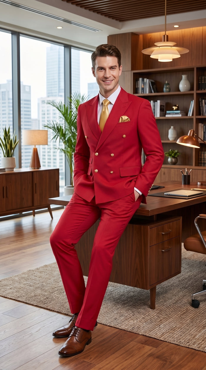 Rossi Man Milano RM1191 Men’s Red Double Breasted Suit with Gold Buttons, Formal Wedding Prom Suit Modern Fit