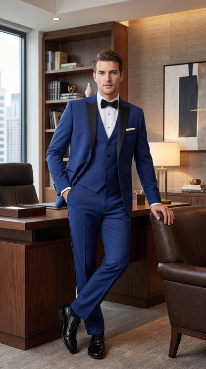 Men’s Indigo Blue Sapphire Cobalt Blue 1 Button Vested Tuxedo with Black Satin Peak Lapel