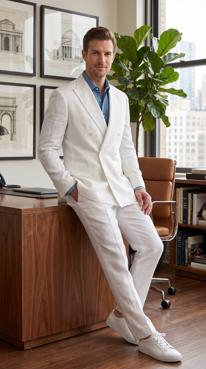 Men’s White Double Breasted Suit with Jacket and Pants, Formal Wedding Dress Suit