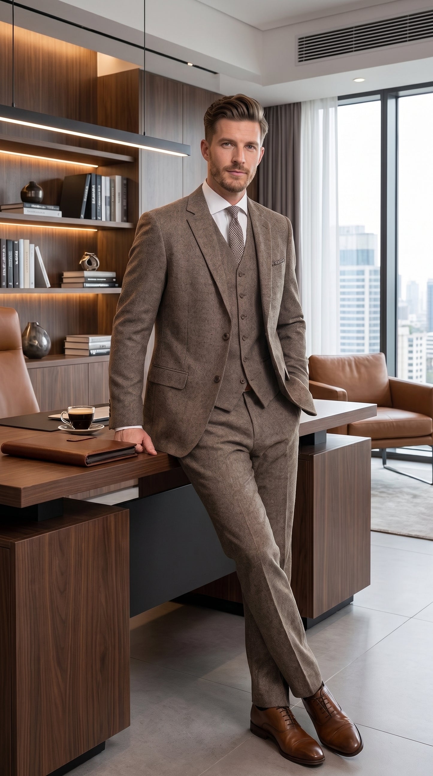 Men’s Vintage Brown Tweed Herringbone 1920s Suit, Classic Gatsby Style Dress Suit