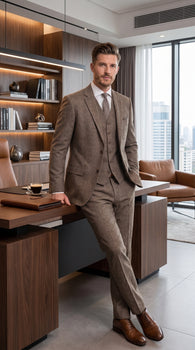 Men’s Vintage Brown Tweed Herringbone 1920s Suit, Classic Gatsby Style Dress Suit