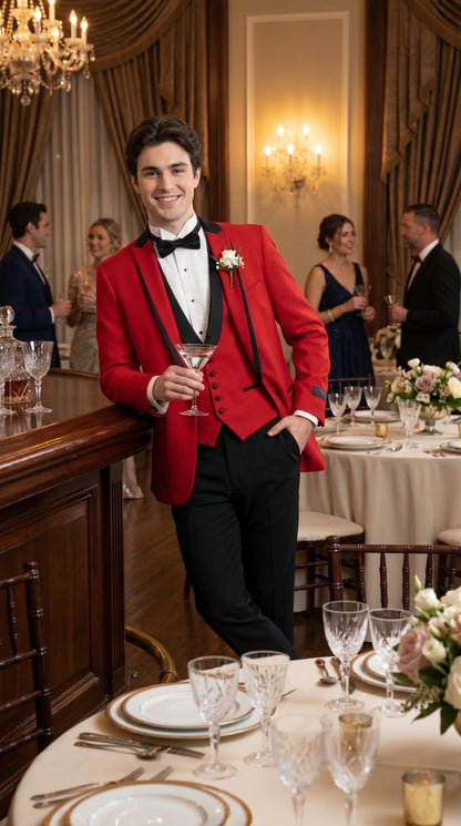 Men’s Red Prom Tuxedo Suit with Vest and Black Trim, Formal Wedding Dinner Suit