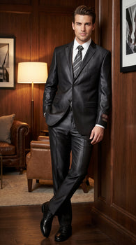 Men’s Vitali Black Sharkskin 2 Button Suit, Formal Wedding Business Dress Suit Set