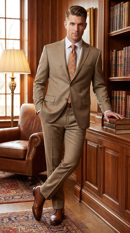 Men’s Champagne Gold Sharkskin Suit, Formal Wedding Church Business Dress Suit Set