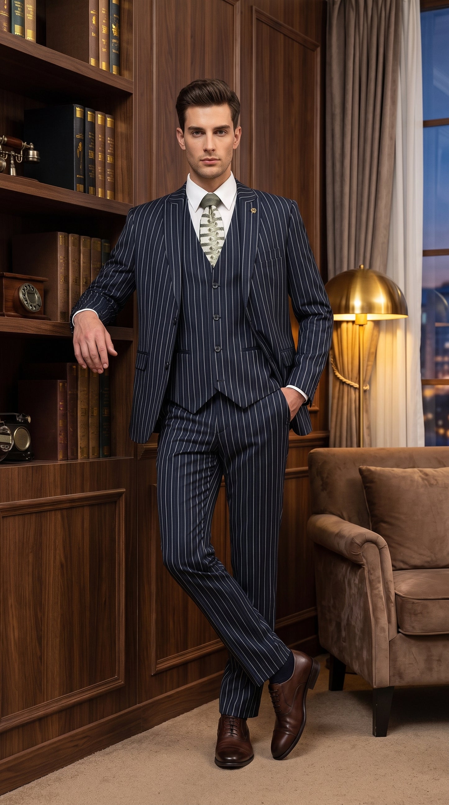 Men’s 1920s Gangster Dark Blue Bold Pinstripe 3 Piece Suit, Vested Fashion Suit with Pleated Pants