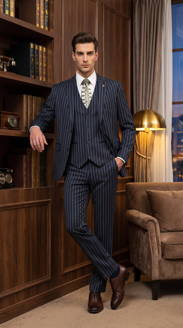 Men’s 1920s Gangster Dark Blue Bold Pinstripe 3 Piece Suit, Vested Fashion Suit with Pleated Pants Modern Fit