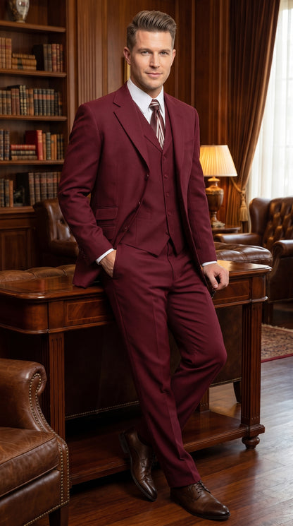 Men’s Burgundy Wine Maroon 3 Piece Vested Suit, Peak Lapel Formal Wedding Church Dress Suit Set