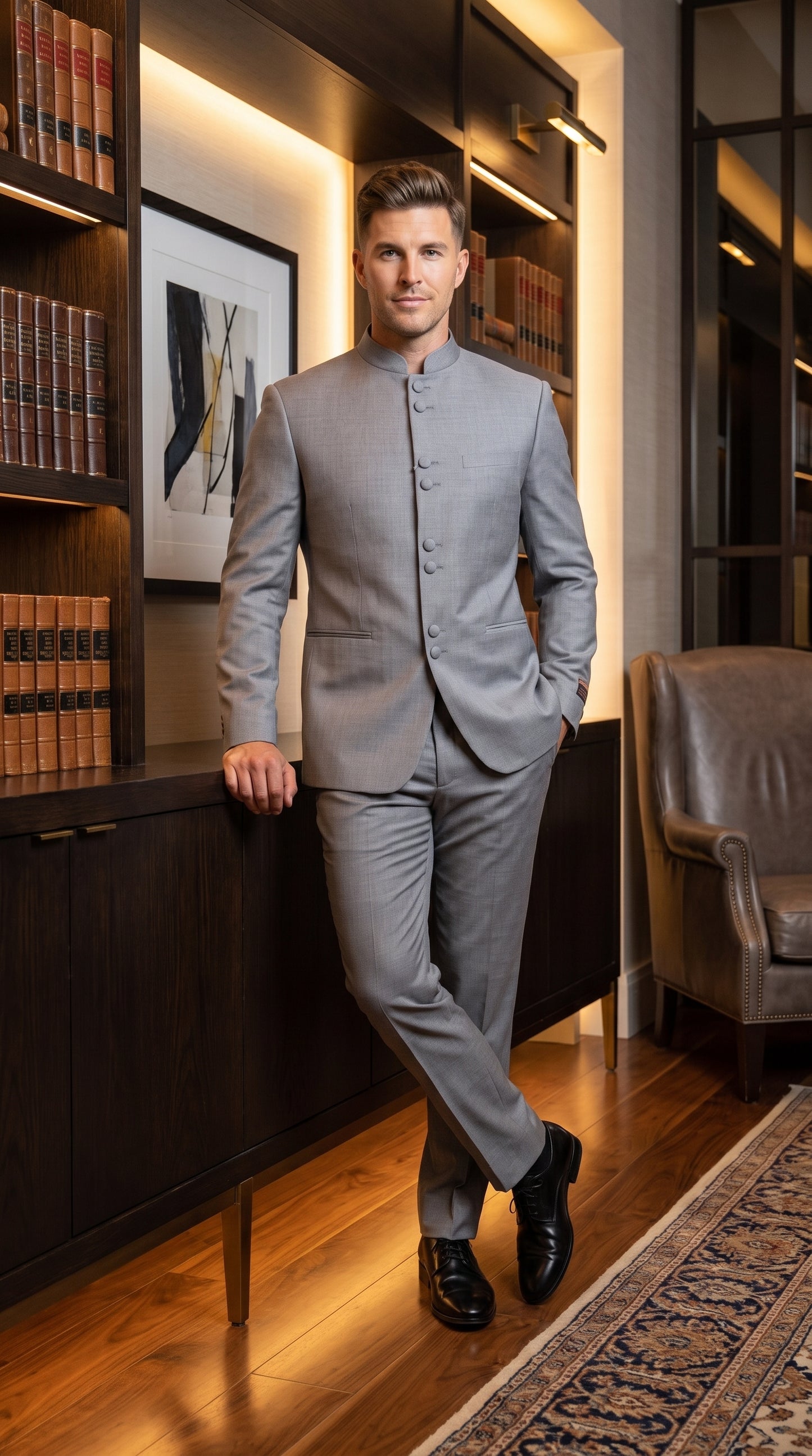 Alberto Nardoni Men’s Light Grey Mandarin Collar Suit, Banded No Collar Formal Wedding Church Suit