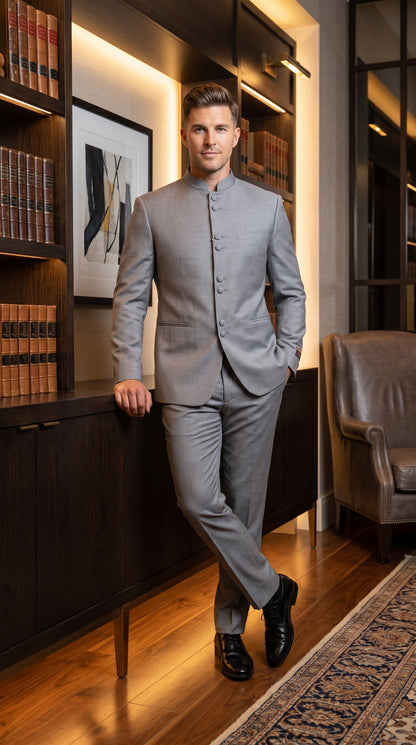 Alberto Nardoni Men’s Light Grey Mandarin Collar Suit, Banded No Collar Formal Wedding Church Suit