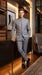 Alberto Nardoni Men’s Light Grey Mandarin Collar Suit, Banded No Collar Formal Wedding Church Suit