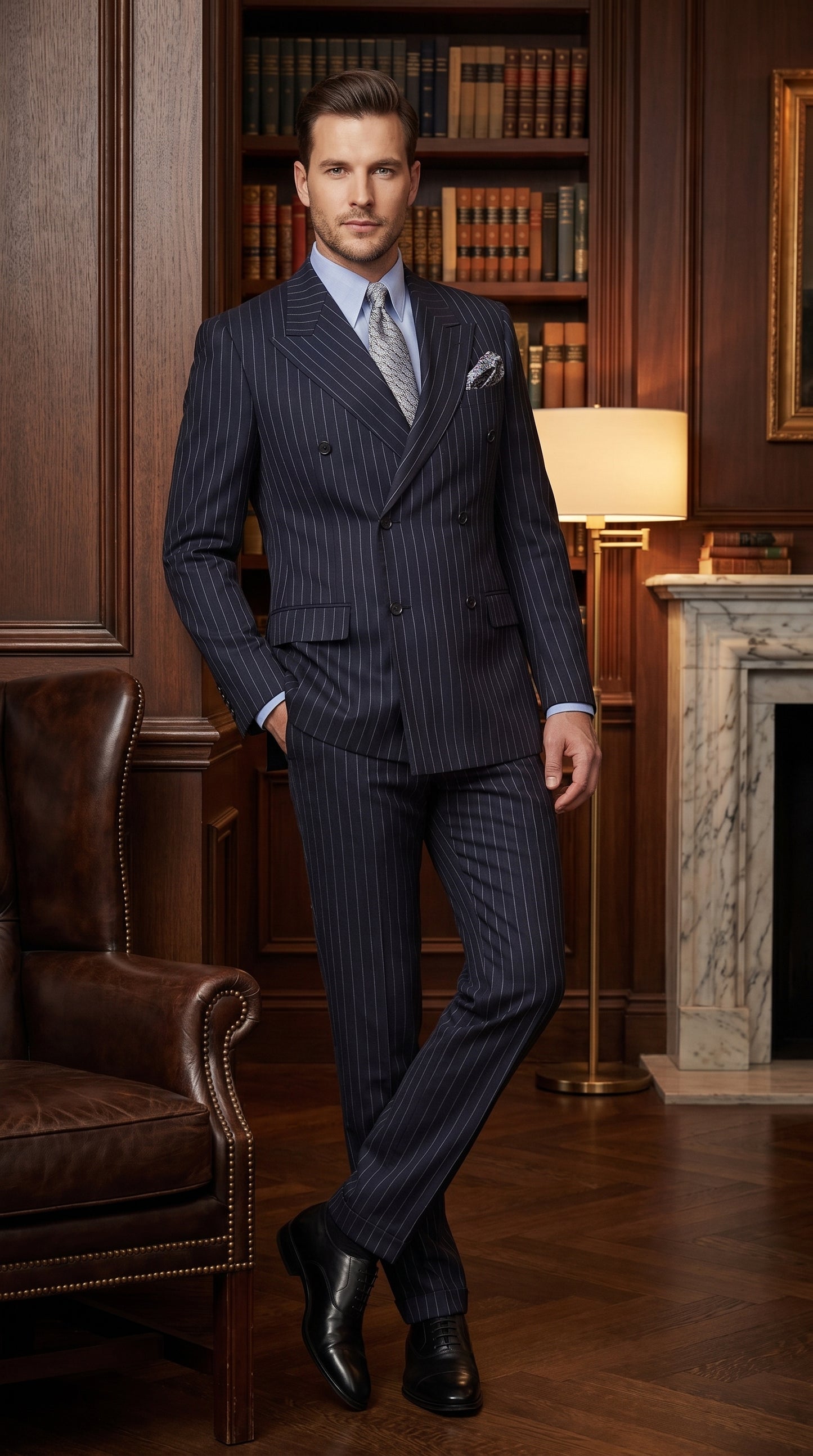 Men’s Dark Navy Blue Chalk Pinstripe Double Breasted Suit, Formal Wedding Business Dress Suit Set Modern Fit