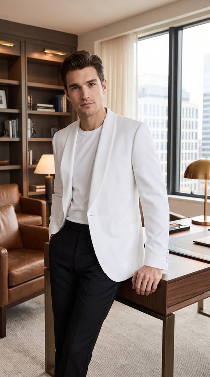 Men’s White Dinner Jacket with Shawl Lapel, Formal Wedding Prom Tuxedo Blazer