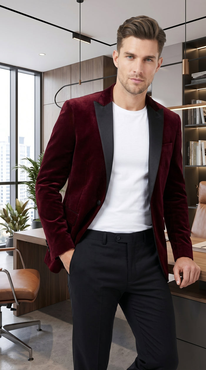 Men’s Burgundy Velvet Tuxedo Blazer with Black Satin Lapel, Crushed Velour Formal Sport Coat
